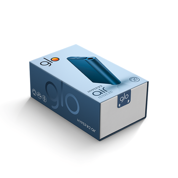 Die Glo Hyper Air in der Farbe Ocean Blue in der Verpackung horizontal plus gratis Sticks